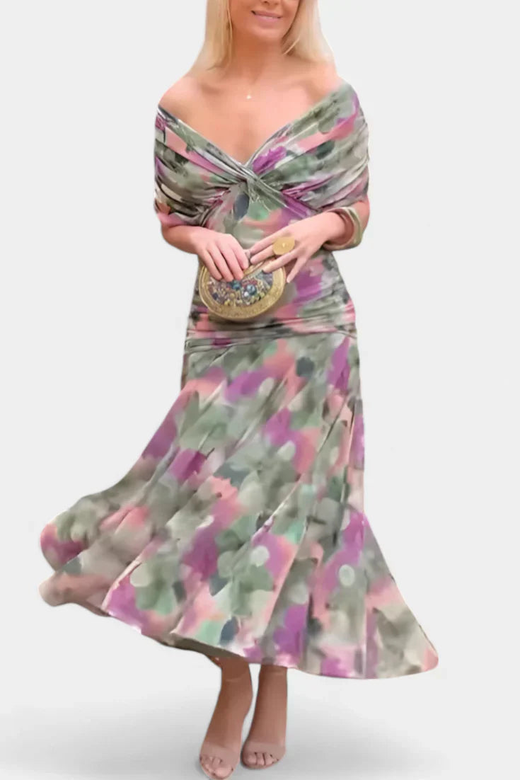 Elegant Off-Shoulder Ruched Evening Gown With Twist Front And Flowing Skirt