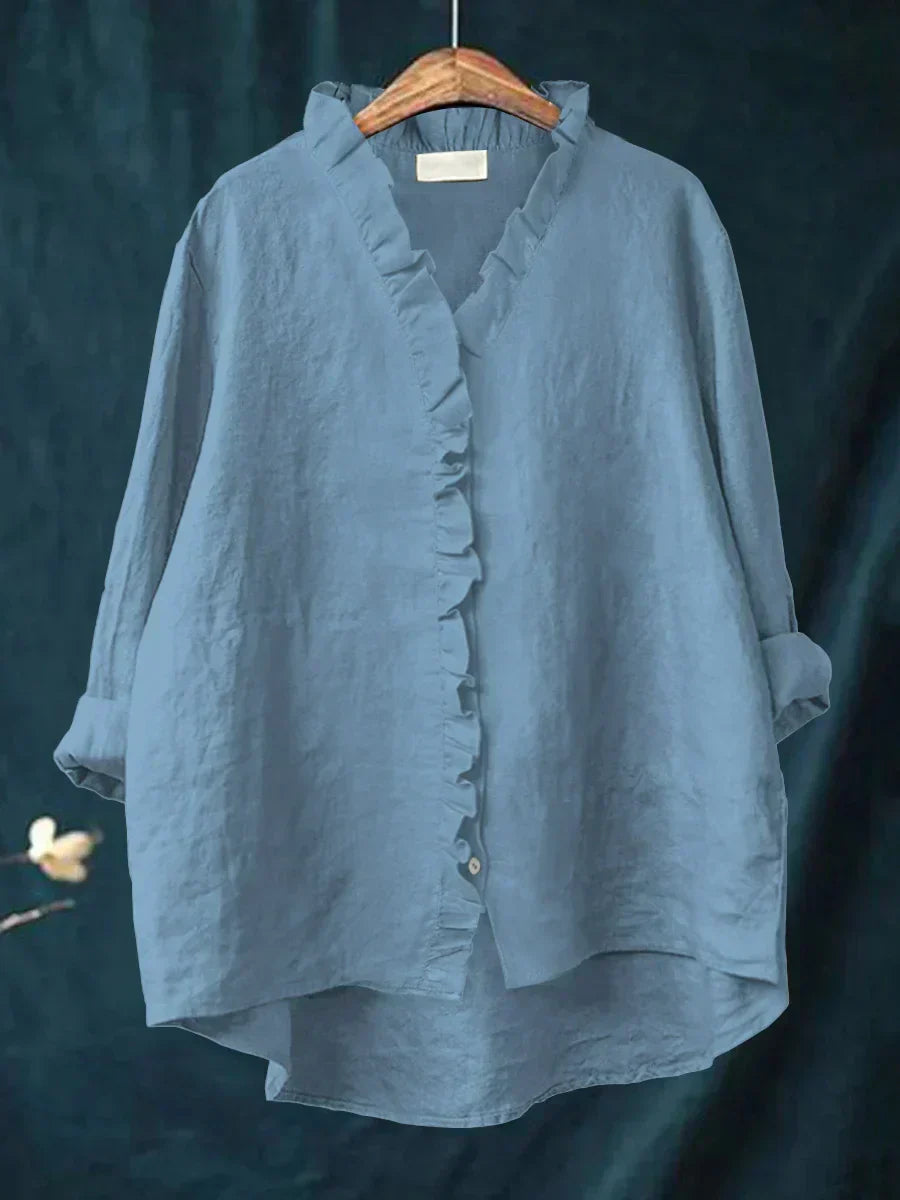 Vintage Linen Ruffle Trim Blouse With V-Neck And High-Low Hem
