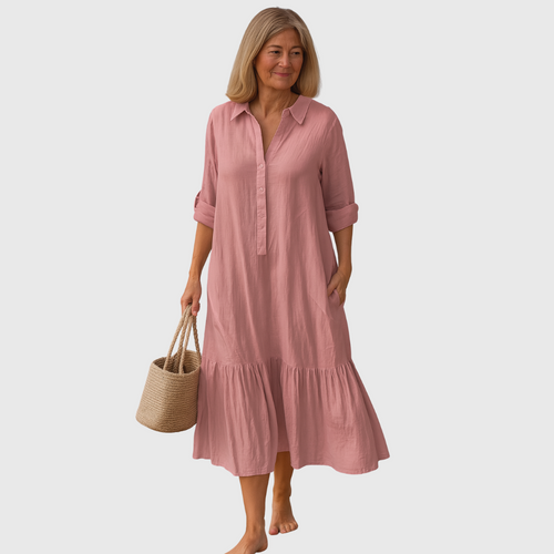 Relaxed Cotton Maxi Dress With Shirt Collar And Tiered Hem