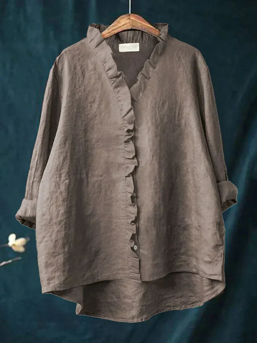 Vintage Linen Ruffle Trim Blouse With V-Neck And High-Low Hem