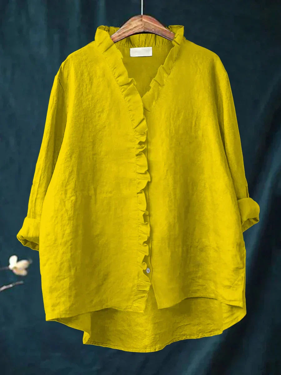 Vintage Linen Ruffle Trim Blouse With V-Neck And High-Low Hem
