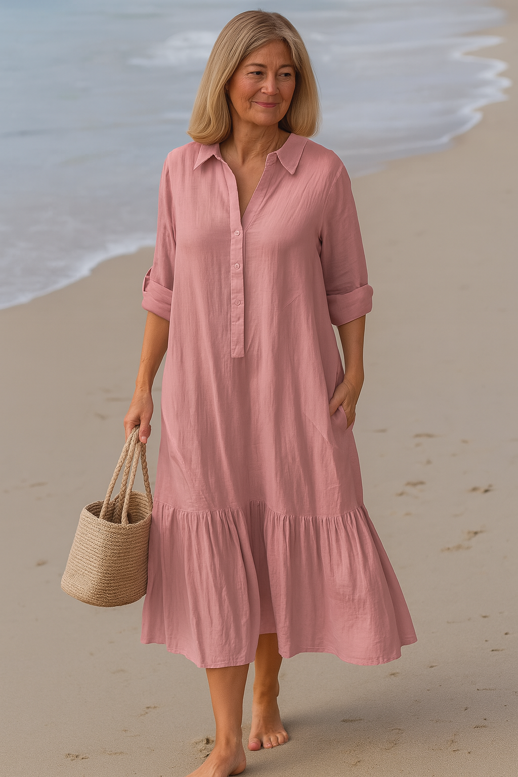 Relaxed Cotton Maxi Dress With Shirt Collar And Tiered Hem