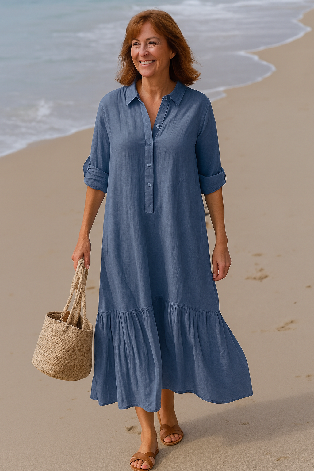 Relaxed Cotton Maxi Dress With Shirt Collar And Tiered Hem