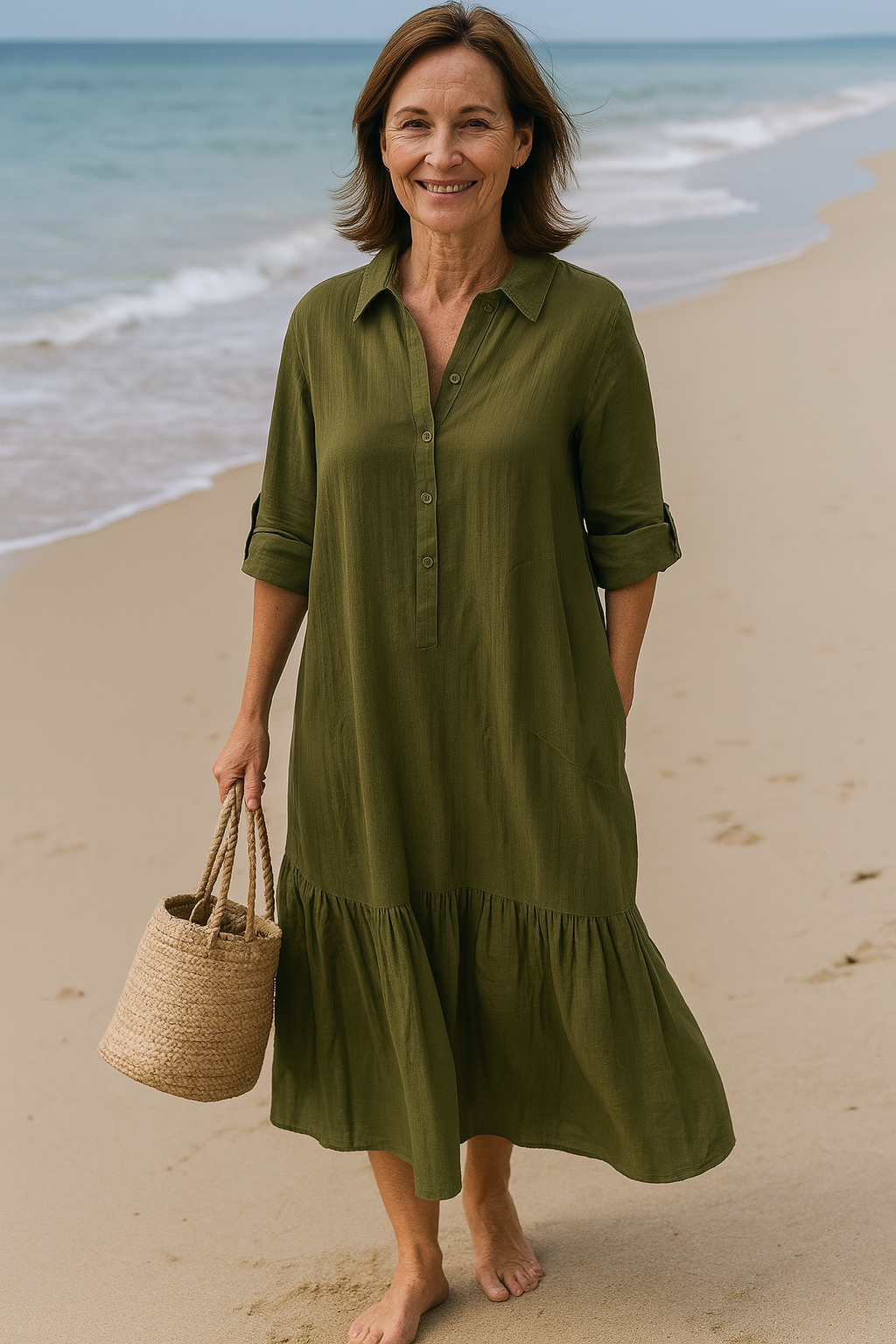 Relaxed Cotton Maxi Dress With Shirt Collar And Tiered Hem