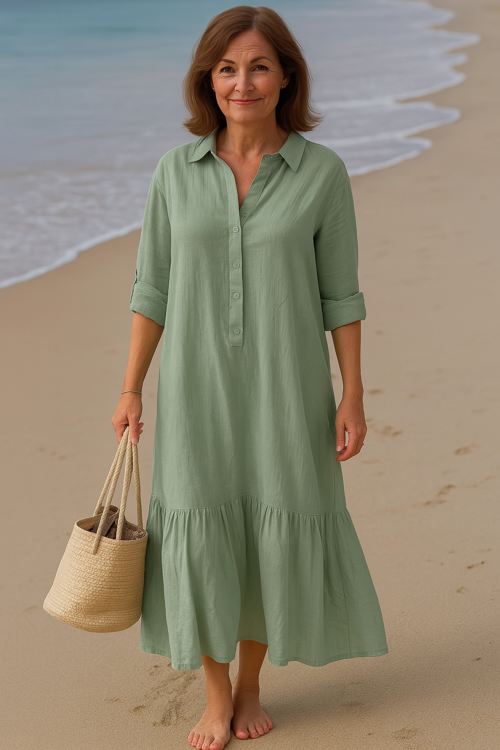 Relaxed Cotton Maxi Dress With Shirt Collar And Tiered Hem