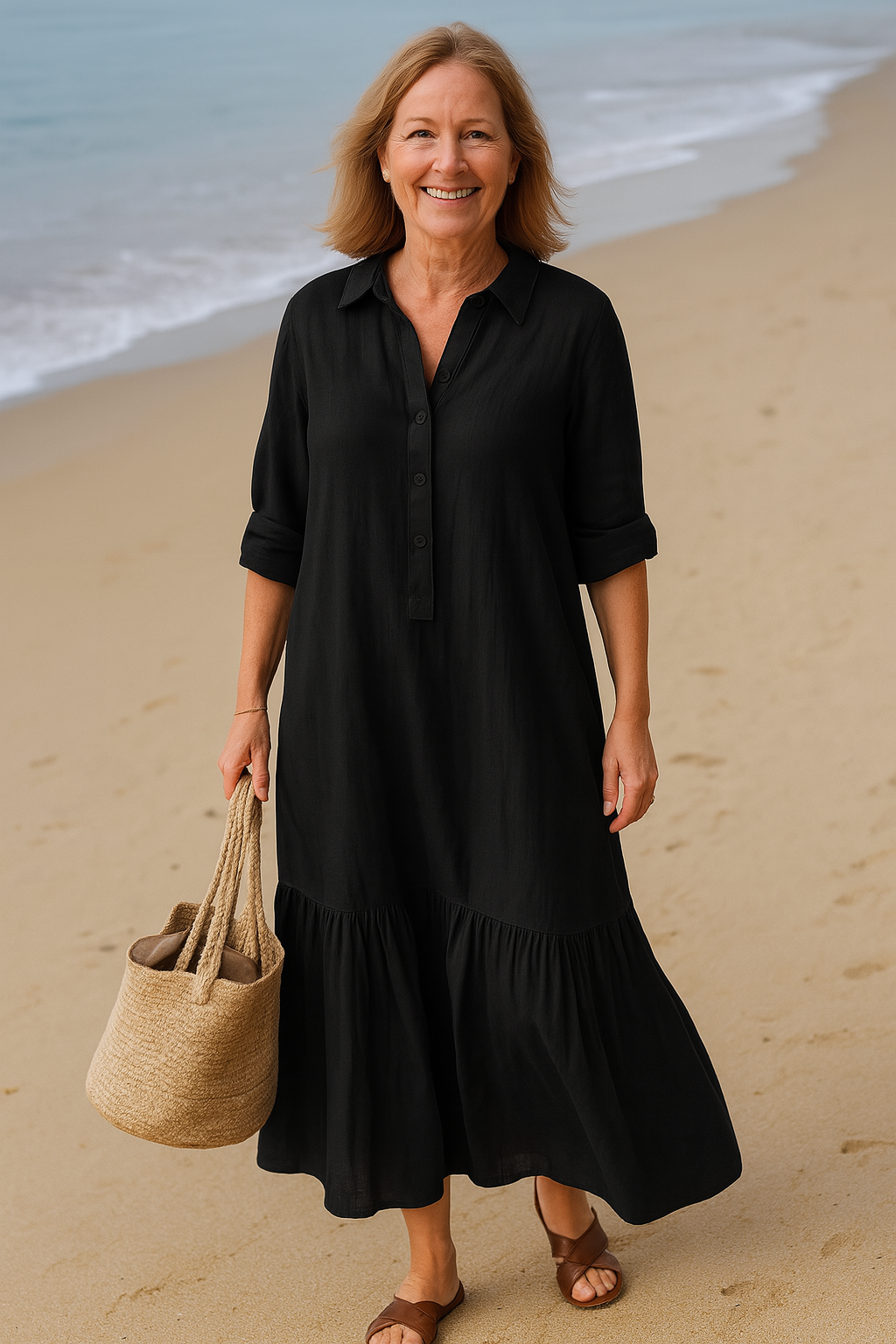 Relaxed Cotton Maxi Dress With Shirt Collar And Tiered Hem