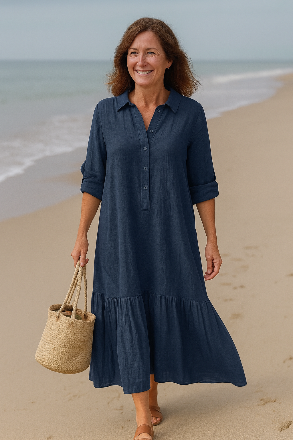 Relaxed Cotton Maxi Dress With Shirt Collar And Tiered Hem
