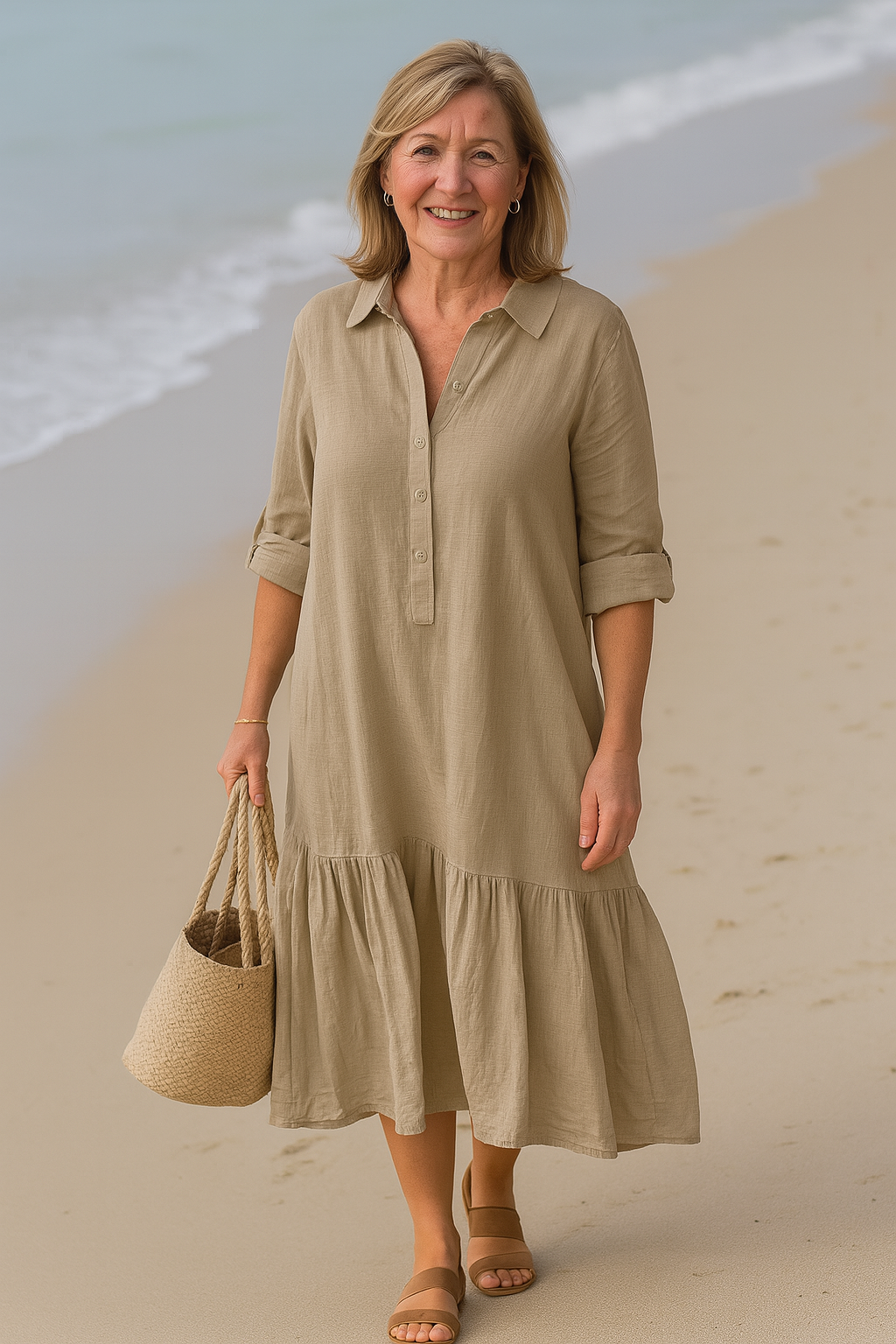 Relaxed Cotton Maxi Dress With Shirt Collar And Tiered Hem