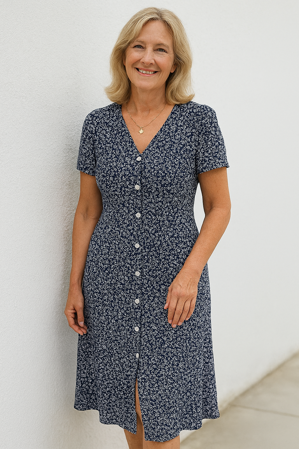 Floral Button-Front Midi Dress With V-Neck And Short Sleeves