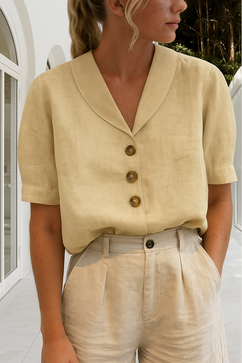 Minimalist Linen Button-Down Blouse With Notched Lapel Collar And Rolled Sleeves