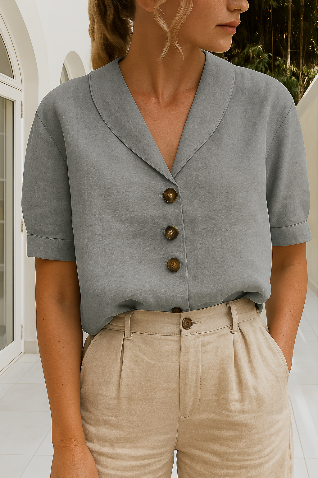 Minimalist Linen Button-Down Blouse With Notched Lapel Collar And Rolled Sleeves