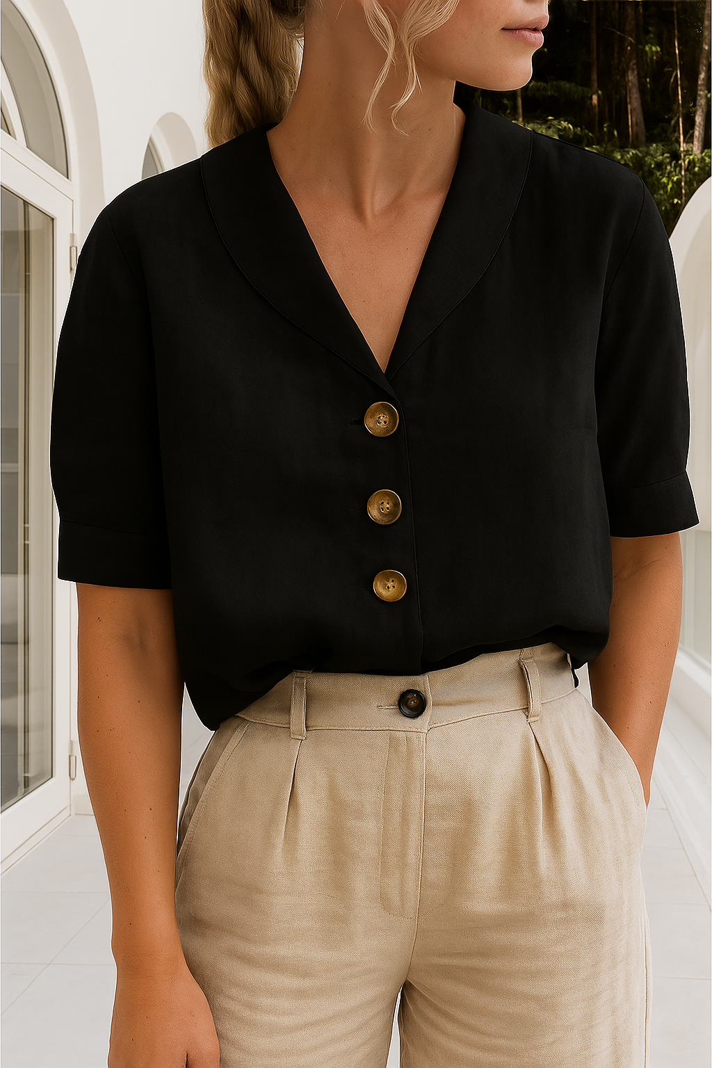 Minimalist Linen Button-Down Blouse With Notched Lapel Collar And Rolled Sleeves