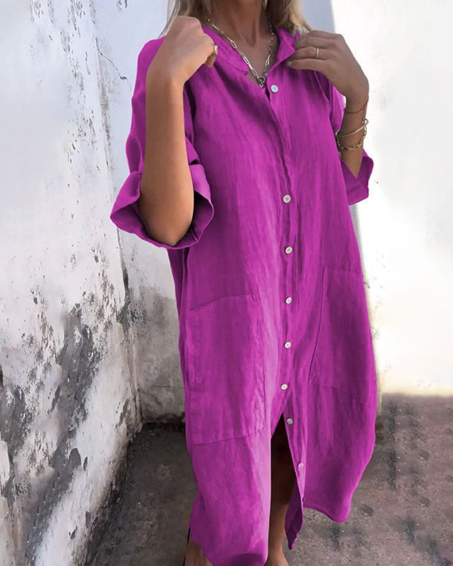 Relaxed Linen Shirt Dress With Pockets And Button Front