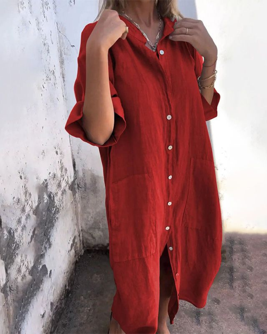 Relaxed Linen Shirt Dress With Pockets And Button Front