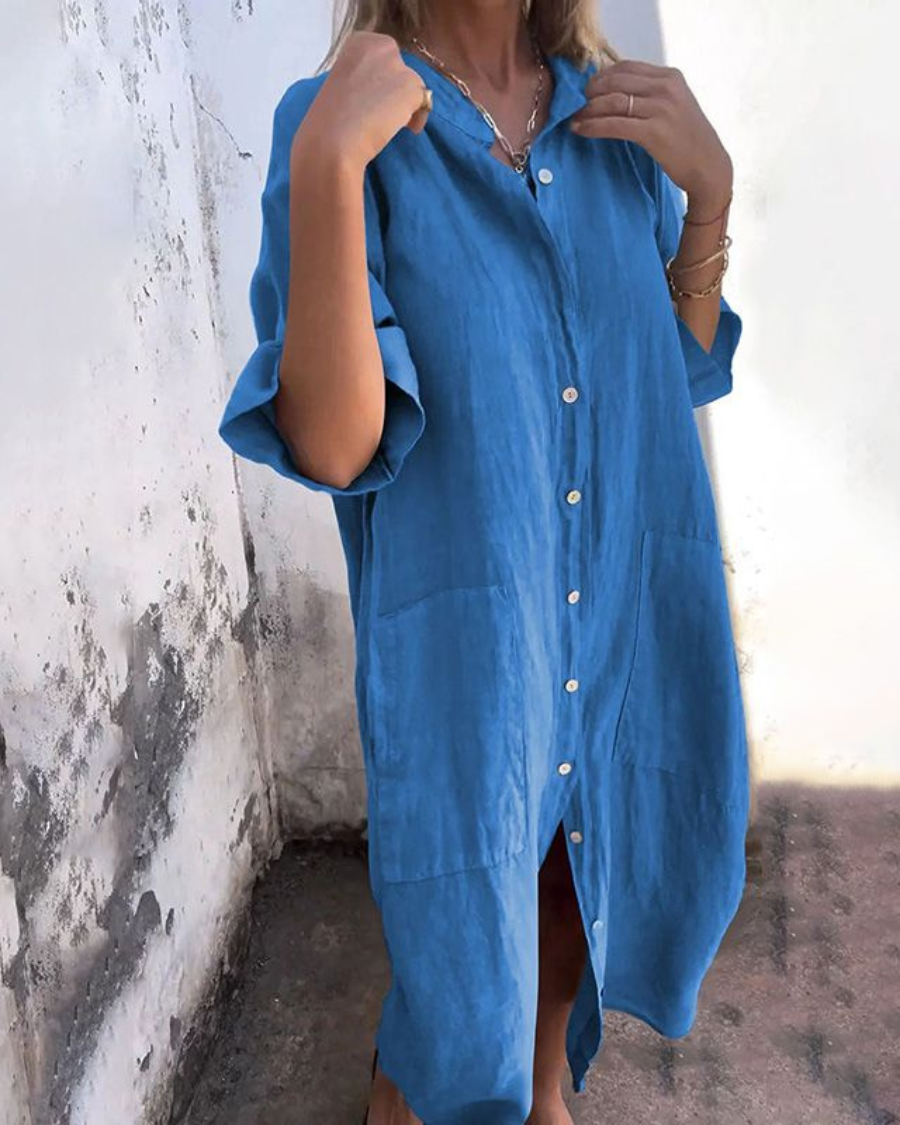 Relaxed Linen Shirt Dress With Pockets And Button Front
