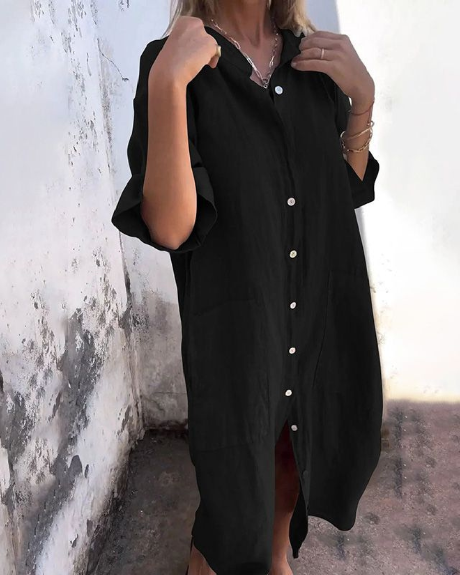 Relaxed Linen Shirt Dress With Pockets And Button Front