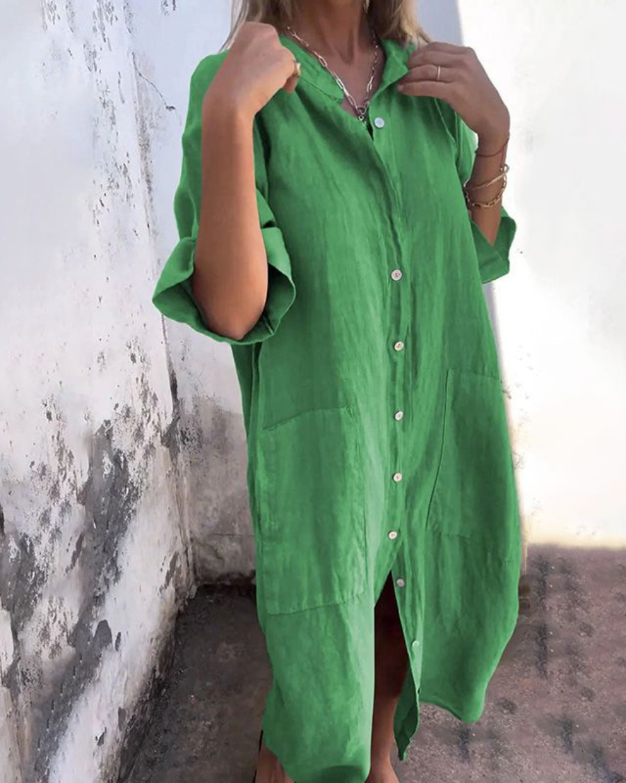 Relaxed Linen Shirt Dress With Pockets And Button Front