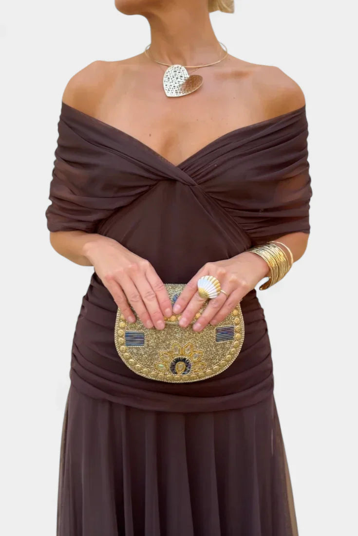 Elegant Off-Shoulder Ruched Evening Gown With Twist Front And Flowing Skirt