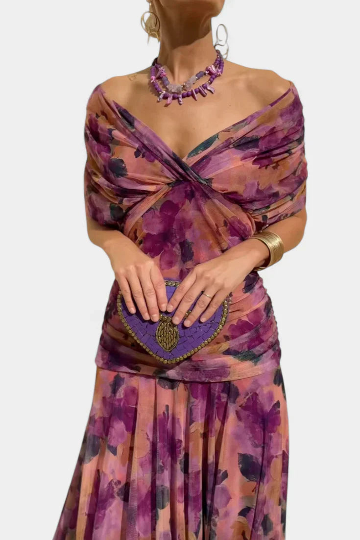 Elegant Off-Shoulder Ruched Evening Gown With Twist Front And Flowing Skirt