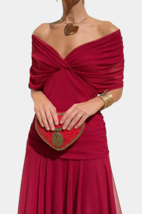 Elegant Off-Shoulder Ruched Evening Gown With Twist Front And Flowing Skirt