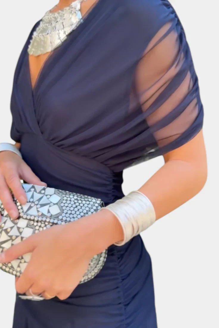 Elegant Off-Shoulder Ruched Evening Gown With Twist Front And Flowing Skirt