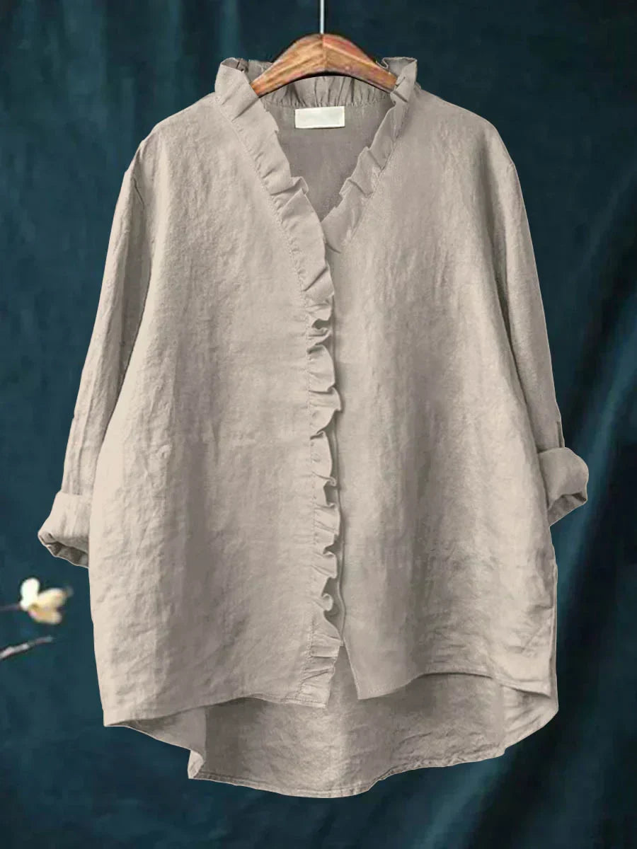 Vintage Linen Ruffle Trim Blouse With V-Neck And High-Low Hem