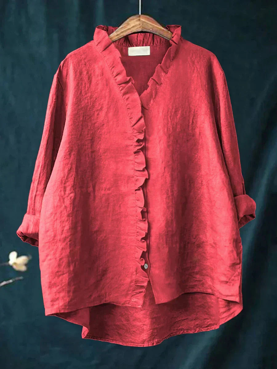 Vintage Linen Ruffle Trim Blouse With V-Neck And High-Low Hem