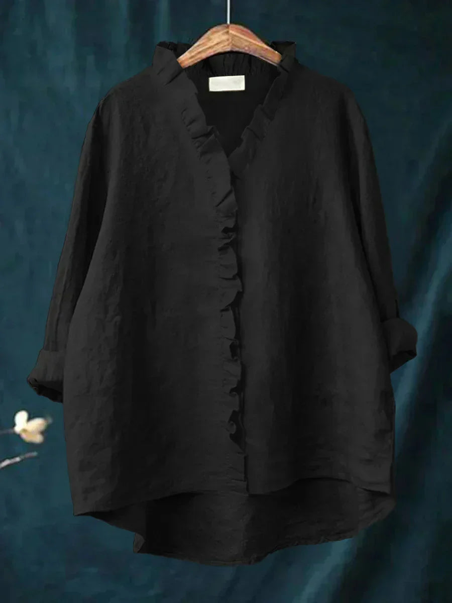Vintage Linen Ruffle Trim Blouse With V-Neck And High-Low Hem