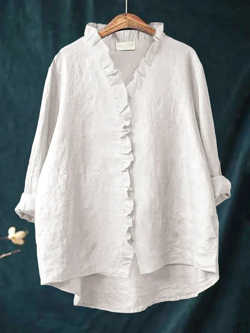 Vintage Linen Ruffle Trim Blouse With V-Neck And High-Low Hem