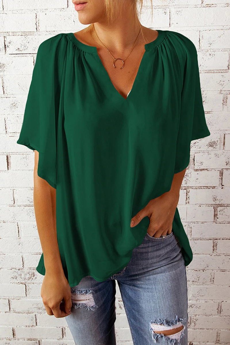 Flowy V-Neck Blouse With Gathered Shoulders And Flutter Sleeves
