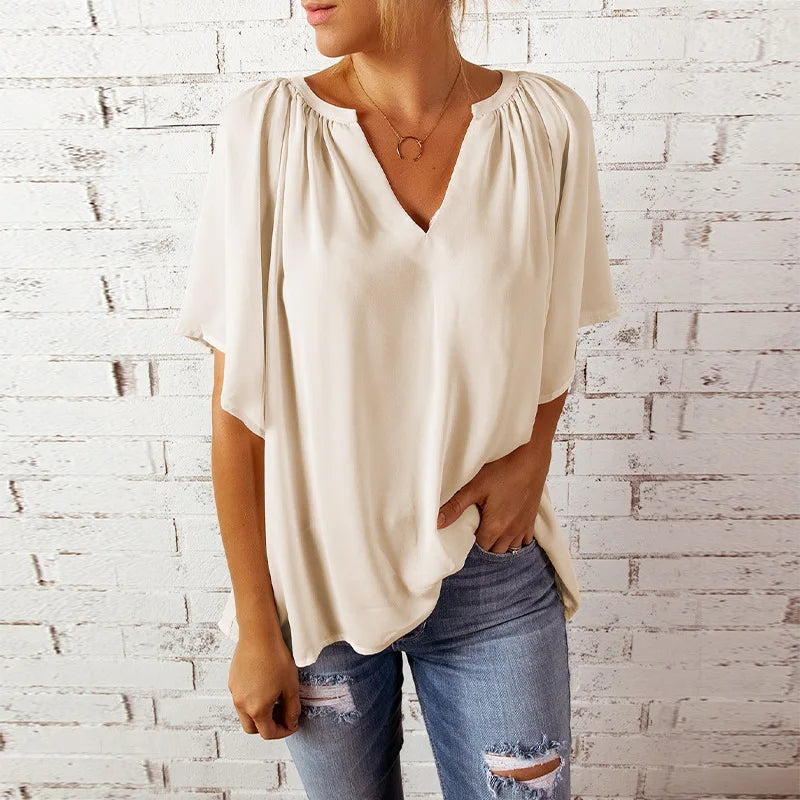 Flowy V-Neck Blouse With Gathered Shoulders And Flutter Sleeves