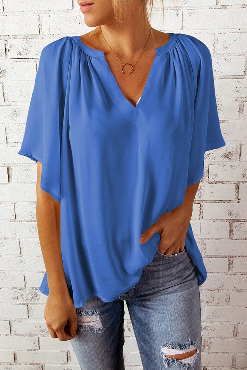 Flowy V-Neck Blouse With Gathered Shoulders And Flutter Sleeves
