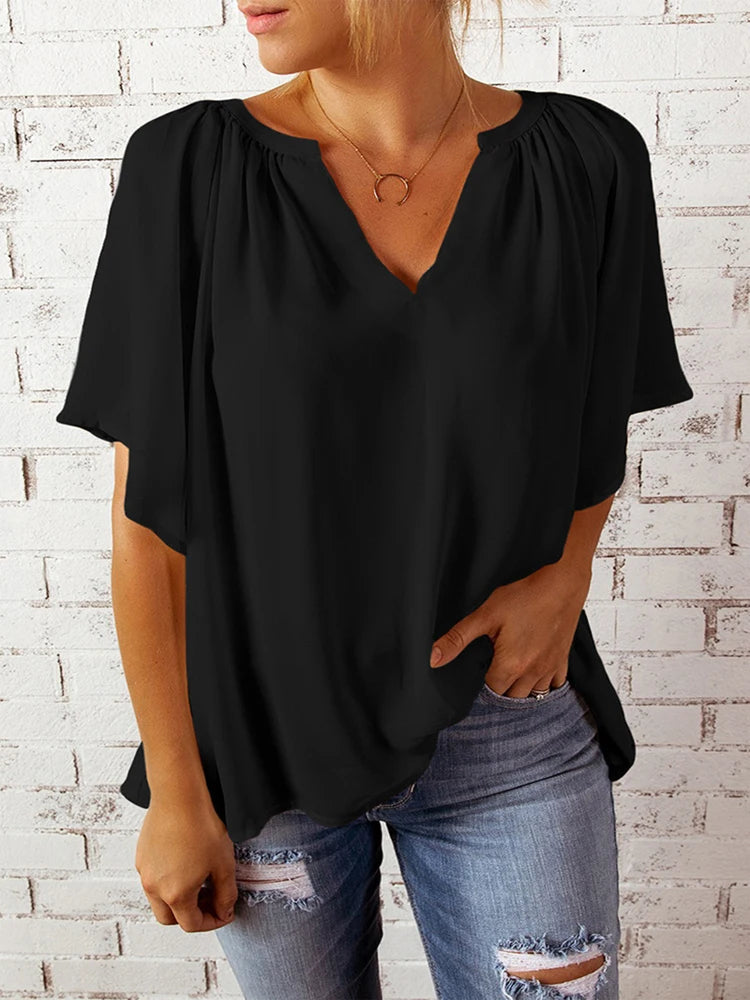 Flowy V-Neck Blouse With Gathered Shoulders And Flutter Sleeves