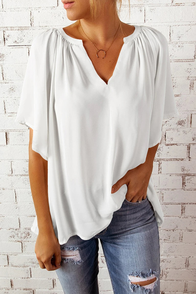 Flowy V-Neck Blouse With Gathered Shoulders And Flutter Sleeves