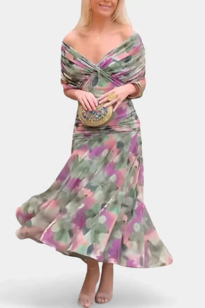 Elegant Off-Shoulder Ruched Evening Gown With Twist Front And Flowing Skirt