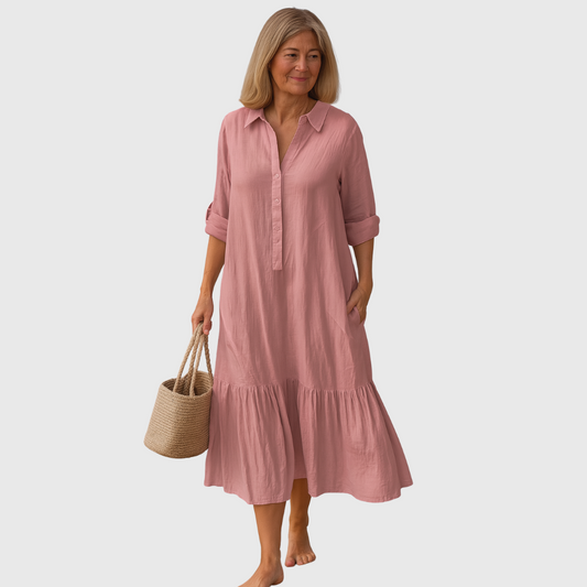 Relaxed Cotton Maxi Dress With Shirt Collar And Tiered Hem