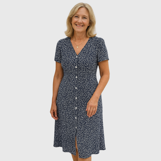 Floral Button-Front Midi Dress With V-Neck And Short Sleeves