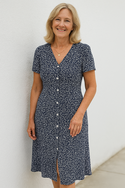 Floral Button-Front Midi Dress With V-Neck And Short Sleeves