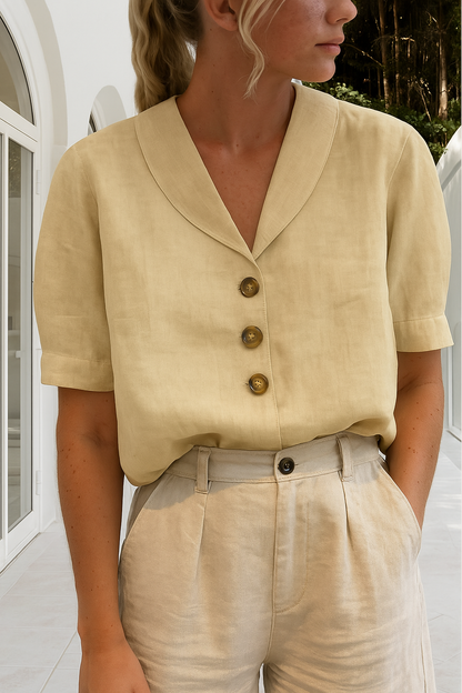 Minimalist Linen Button-Down Blouse With Notched Lapel Collar And Rolled Sleeves
