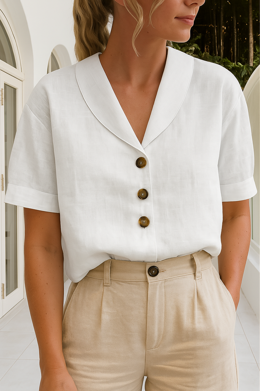 Minimalist Linen Button-Down Blouse With Notched Lapel Collar And Rolled Sleeves