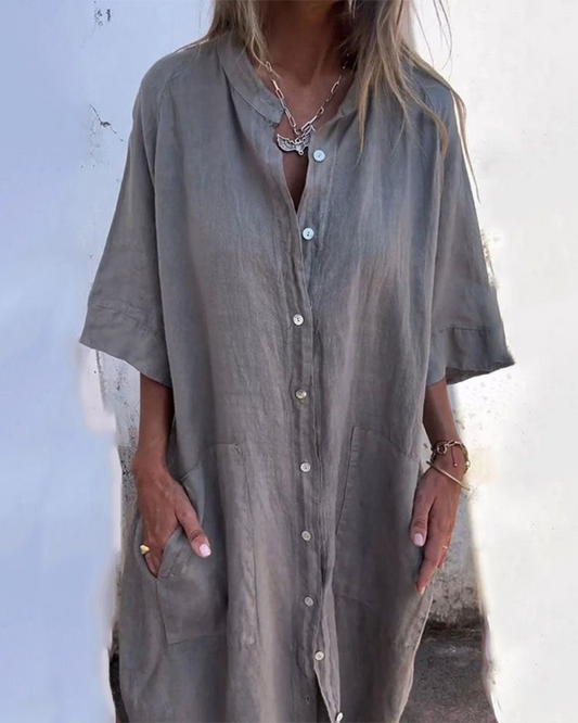 Relaxed Linen Shirt Dress With Pockets And Button Front