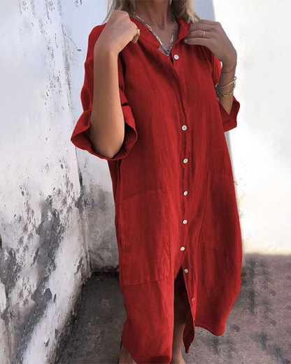 Relaxed Linen Shirt Dress With Pockets And Button Front