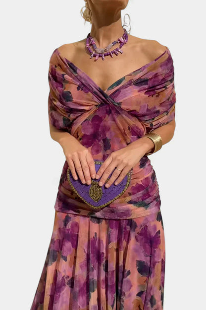 Elegant Off-Shoulder Ruched Evening Gown With Twist Front And Flowing Skirt