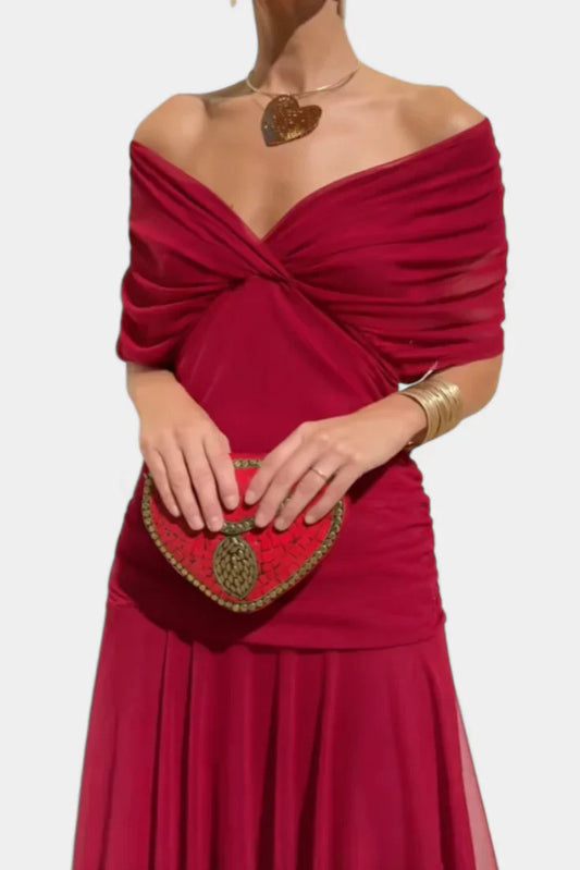 Elegant Off-Shoulder Ruched Evening Gown With Twist Front And Flowing Skirt