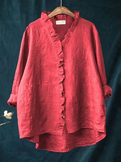 Vintage Linen Ruffle Trim Blouse With V-Neck And High-Low Hem