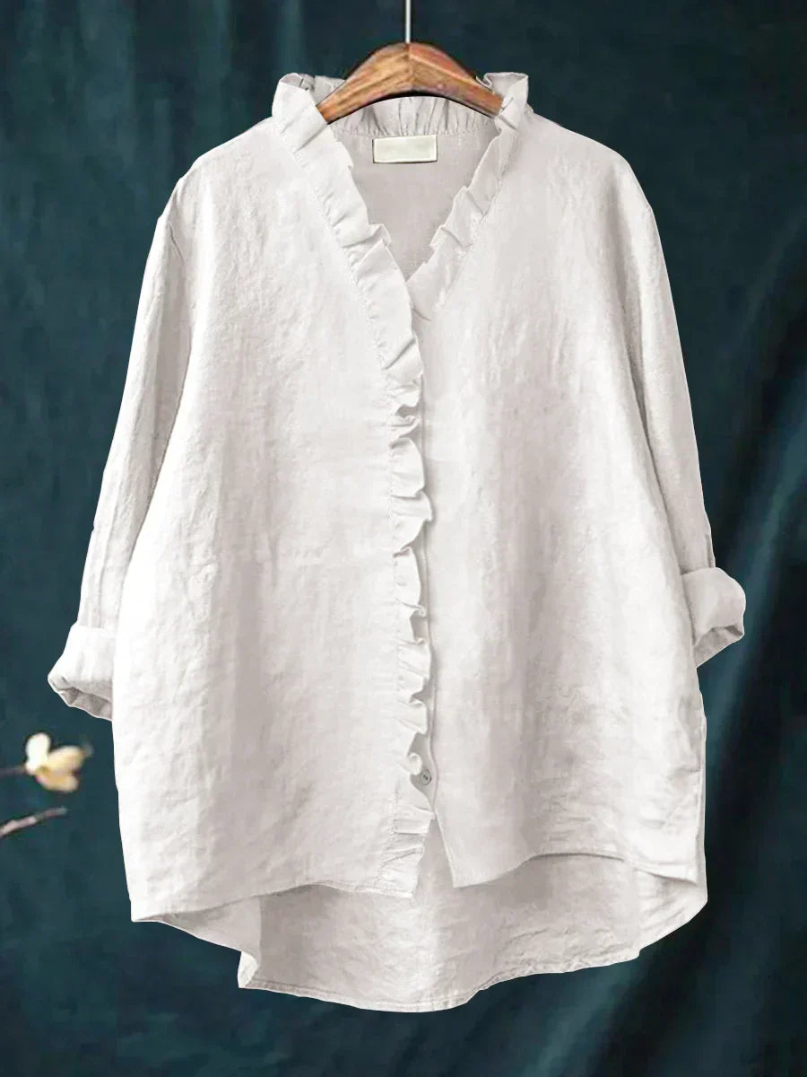 Vintage Linen Ruffle Trim Blouse With V-Neck And High-Low Hem