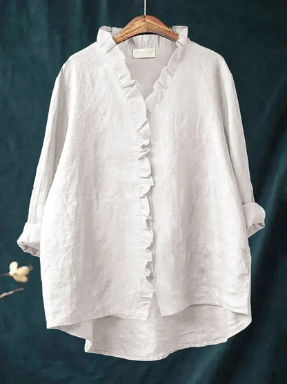 Vintage Linen Ruffle Trim Blouse With V-Neck And High-Low Hem