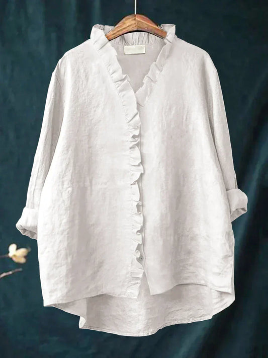 Vintage Linen Ruffle Trim Blouse With V-Neck And High-Low Hem