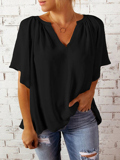 Flowy V-Neck Blouse With Gathered Shoulders And Flutter Sleeves