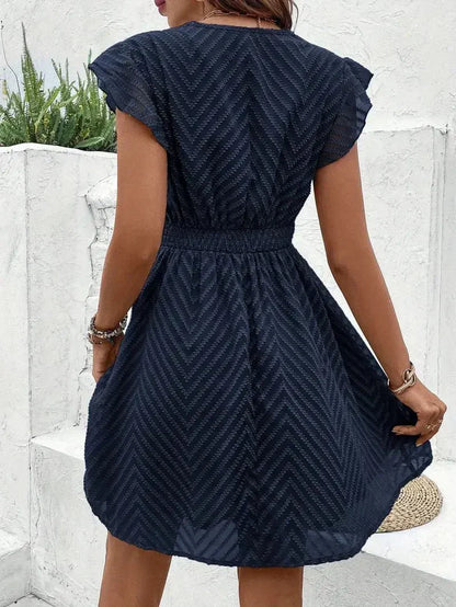 Boho Chevron Mini Dress With Crochet Trim And Flutter Sleeves